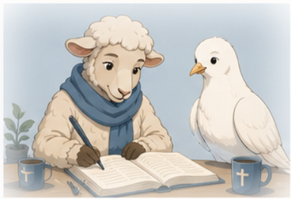 Psalmara the dove and Lumi the lamb reading together